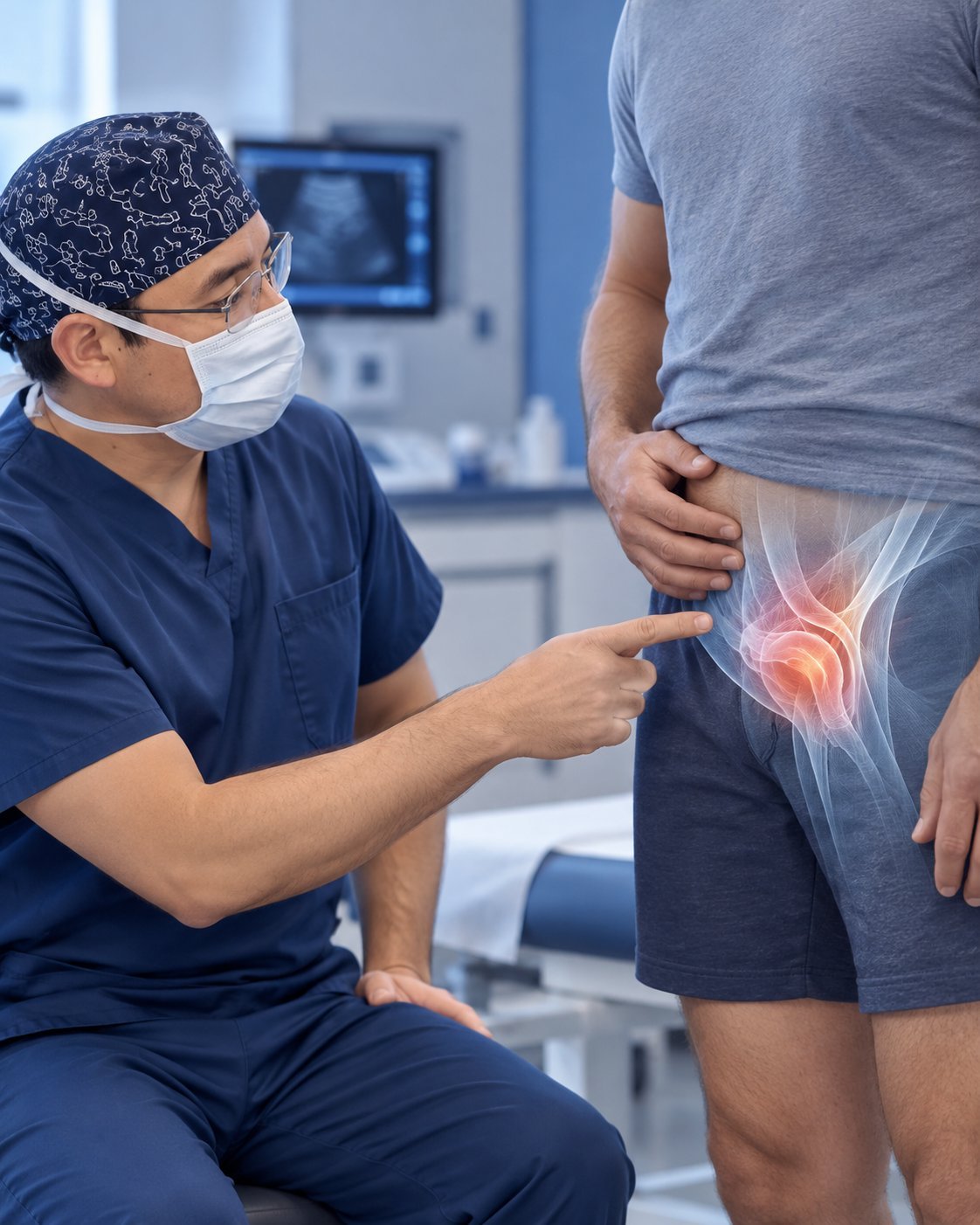 Doctor examining patients knee injury with glowing red overlay indicating pain in medical clinic setting